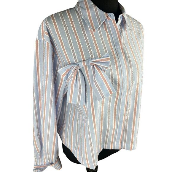 Nanette Lepore Women's Large White Stripe Bow Poplin Button-Up Shirt blouse - Picture 4 of 10